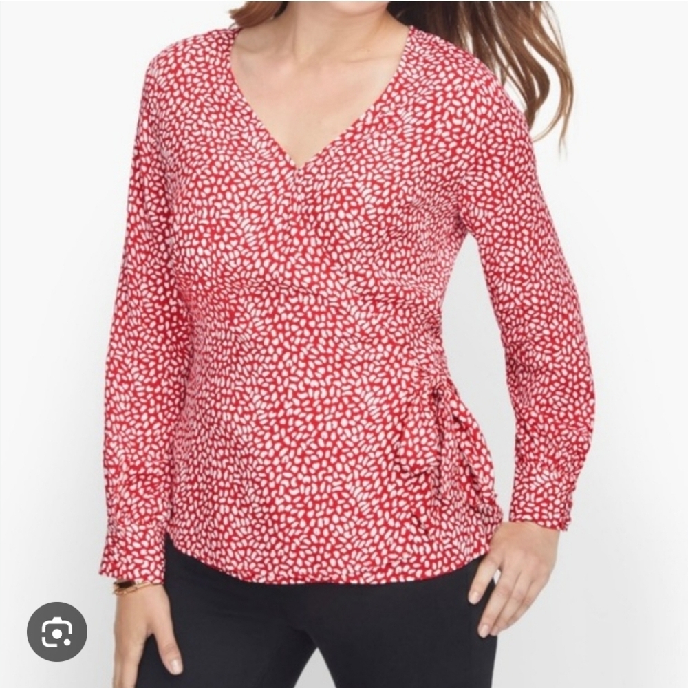 Talbots Women Size XLP Wrap Blouse with Side Tie Red/White Leopard Print